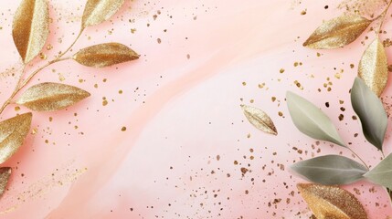 Wall Mural - Elegant Gold and Green Leaves on a Delicate Pink Background