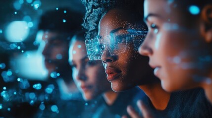 Poster - software engineers are working on a project using augmented reality glasses, visualizing data and co