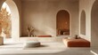 © peppastocker - Minimalist zen-inspired living room with arches and earth tones