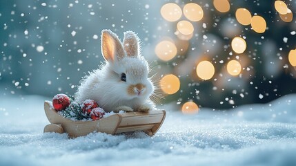 Wall Mural - Adorable bunny in a winter basket. AI.