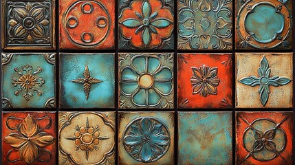 Poster - Decorative wall tiles arranged in a vibrant pattern showcasing intricate designs and colors