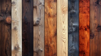 Wall Mural - Diverse wooden planks displaying various textures and colors in vertical alignment