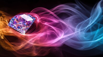 Poster - Colorful diamond amidst flowing vibrant smoke in a dark background creates a stunning visual effect