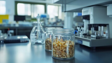 Poster - glass jars containing dehydrated food scraps are placed on a laboratory table, suggesting innovative