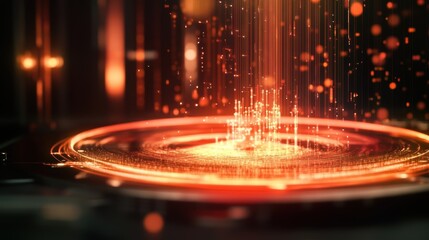 Aufkleber - falling orange particles create a digital data stream on a futuristic platform, embodying innovation