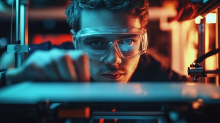 Poster - Industrial engineer wearing safety glasses carefully monitors and controls an innovative production process in a technologically advanced factory, ensuring precision and efficiency