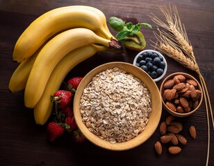 Wall Mural - Healthy breakfast ingredients lying on dark wooden table