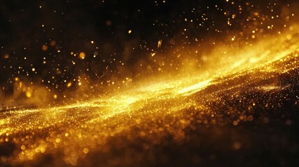 Poster - golden sparkling dust particles in motion with glowing light effects in dark background
