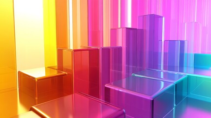 Fototapete - A D bar graph with bright, glossy bars in multiple colors, representing financial data with an abstract tech background