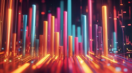 Fototapete - A D financial bar chart with sharp, colorful bars in an upward trend, surrounded by glowing lights and digital data points