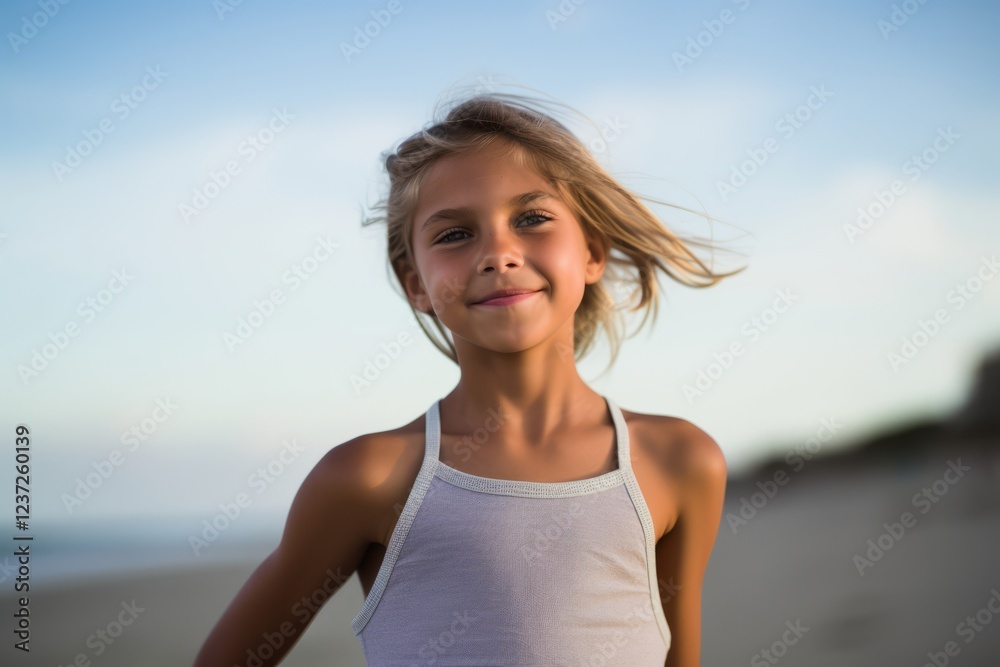 Portrait of a cute little girl at sunset on the beach. Stock Photo ...