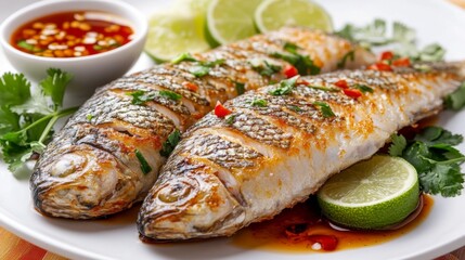 Wall Mural - A beautiful plate of fried seabass, drizzled with rich fish sauce, surrounded by lime wedges and fresh herbs, showcasing the vibrant and appetizing presentation