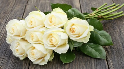 Poster - A bouquet of white roses with glistening water droplets, placed on a dark wooden surface for an elegant and classic feel