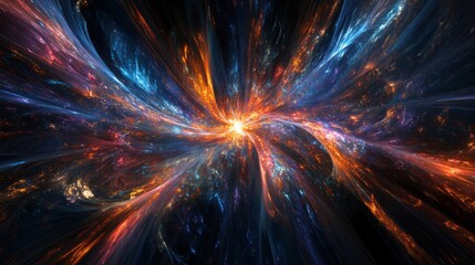 Fototapete - A burst of light emanating from a central point in space, radiating outward in all directions with light trails, representing the concept of light speed