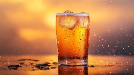 Aufkleber - A chilled beer glass with ice, condensation forming on the outside, placed on a countertop with a warm, inviting background and soft lighting highlighting the texture