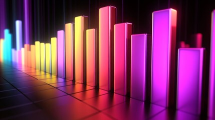 Fototapete - A clean, modern D bar graph with light reflections and sharp edges, showing market fluctuations in vivid colors with a sleek design