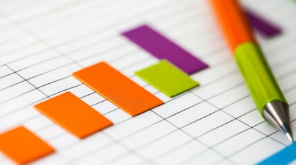 Poster - A close-up of a financial bar graph on a digital screen showing rising values, with sharp, colorful bars representing growth and progress in a business analysis