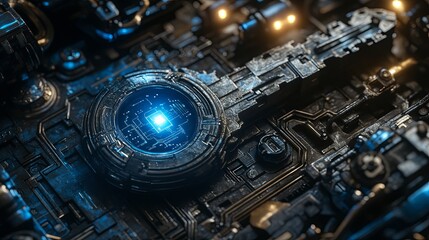 Poster - Intricate metallic circuit board with glowing blue core embedded in a complex tech environment