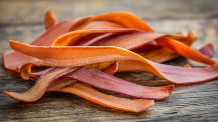 Poster - A close-up of bacon strips on a rustic wooden surface, crispy and slightly curled, with subtle lighting emphasizing their rich color and texture