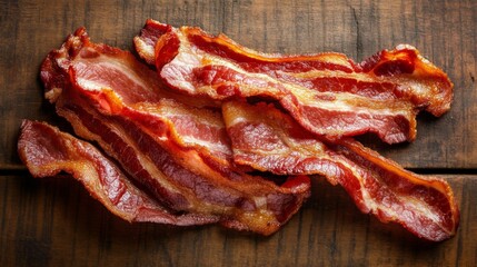 Poster - A close-up of bacon strips on a rustic wooden surface, crispy and slightly curled, with subtle lighting emphasizing their rich color and texture