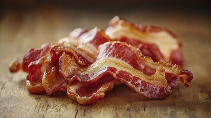Poster - A close-up of bacon strips on a rustic wooden surface, crispy and slightly curled, with subtle lighting emphasizing their rich color and texture