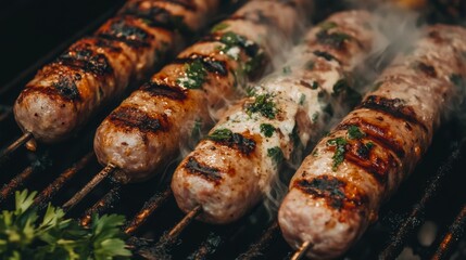 Canvas Print - A close-up of juicy sausages being grilled, with golden-brown coloring and a hint of char, surrounded by fresh herbs and spices, captured with soft lighting