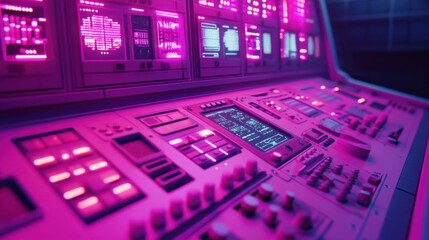 Futuristic control panel with neon pink lights in a sci-fi setting