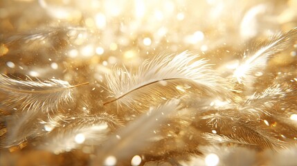 Poster - Glimmering golden feathers scattered across a soft, illuminated surface creating a dreamy atmosphere