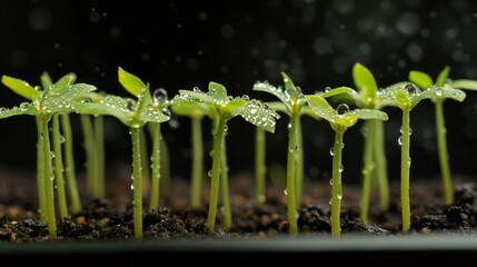 Poster - A close-up of young corn plants sprouting from the soil, with droplets of water on the leaves, symbolizing the early stages of growth in a cornfield