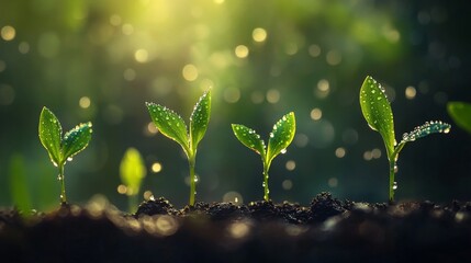 Poster - A close-up of young corn plants sprouting from the soil, with droplets of water on the leaves, symbolizing the early stages of growth in a cornfield