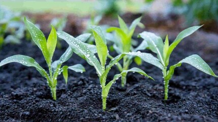 Poster - A close-up of young corn plants sprouting from the soil, with droplets of water on the leaves, symbolizing the early stages of growth in a cornfield