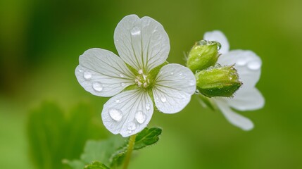 Poster - A delicate flower with water droplets on its petals, resting on a soft green background, with natural light illuminating the droplets for a fresh look