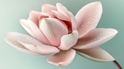 Poster - A delicate flower with water droplets on its petals, resting on a soft green background, with natural light illuminating the droplets for a fresh look