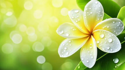 Poster - A delicate flower with water droplets on its petals, resting on a soft green background, with natural light illuminating the droplets for a fresh look