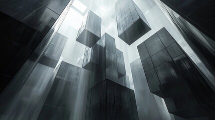 Poster - Dark geometric shapes suspended in a misty atmosphere creating an otherworldly experience