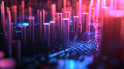 Fototapete - A digital representation of a financial bar graph with rising bars, showing a positive market trend, with abstract technology design in the background