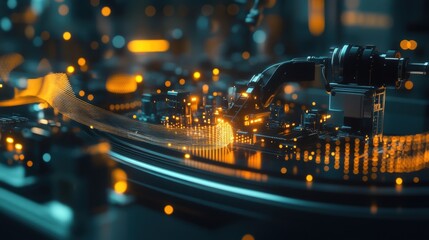 Poster - futuristic robotic arm constructing a smart city on a circuit board, highlighting innovative product