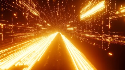 Aufkleber - A futuristic depiction of light particles racing through an abstract digital world, with glowing trails and a high-tech grid structure symbolizing light's speed