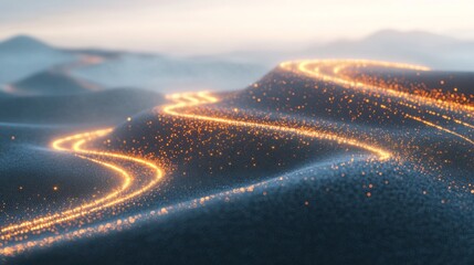Poster - A futuristic depiction of light particles racing through an abstract digital world, with glowing trails and a high-tech grid structure symbolizing light's speed