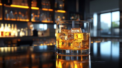 Poster - A glass of beer with ice, sitting on a bar counter with reflections from the ice cubes and golden liquid, creating a refreshing and inviting atmosphere