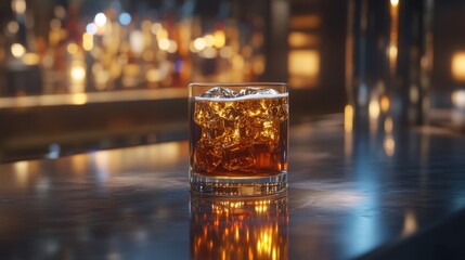 Poster - A glass of beer with ice, sitting on a bar counter with reflections from the ice cubes and golden liquid, creating a refreshing and inviting atmosphere