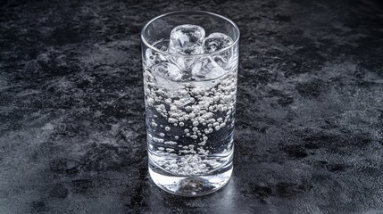 Poster - A high-angle shot of a tall glass filled with soda, ice cubes, and fizzy bubbles, with soft lighting highlighting the texture of the glass and bubbles