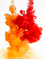 Poster - Yellow and red ink in water creating abstract shape, isolated on white background