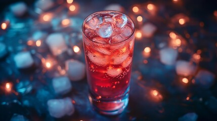Poster - A high-angle shot of a tall glass filled with soda, ice cubes, and fizzy bubbles, with soft lighting highlighting the texture of the glass and bubbles
