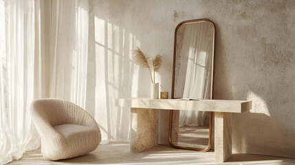 Wall Mural - Sunlit minimalist room with a cream chair, stone console table, and a large mirror reflecting sheer curtains.