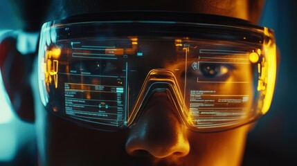 Poster - Close up of a software engineer wearing futuristic augmented reality glasses, analyzing data and code on a virtual reality interface, highlighting innovative technology for development