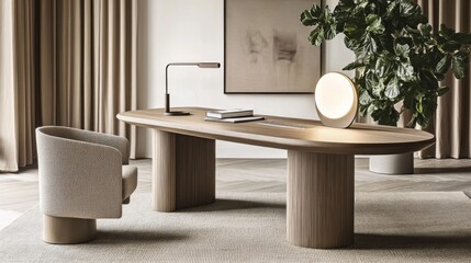Poster - A modern minimalist office with a wooden desk, a potted plant, and a sleek lamp, all in neutral tones and clean lines, creating a productive workspace