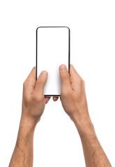 Fototapete - Man holding blank modern smartphone with two hands, texting or sending message over white background with copy space