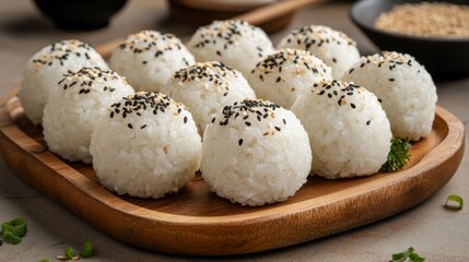 Poster - A neat arrangement of rice balls on a wooden plate, some wrapped with nori and others sprinkled with sesame seeds, against a neutral background