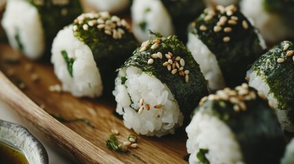 Poster - A neat arrangement of rice balls on a wooden plate, some wrapped with nori and others sprinkled with sesame seeds, against a neutral background